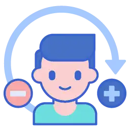 Illustration of a person with blue hair and a teal shirt, surrounded by an arrow forming a semicircle. A red circle with a minus sign suggests online detox on the left, while a blue circle with a plus sign hints at positive aspects like pain management on the right.