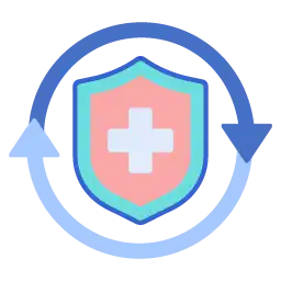 A shield with a white cross at its center is surrounded by a circular arrow. The red shield, outlined in blue, symbolizes health protection. Ideal for Fort Wayne's online detox programs or Online Suboxone treatment, the half-blue, half-white arrow represents renewal and safety.