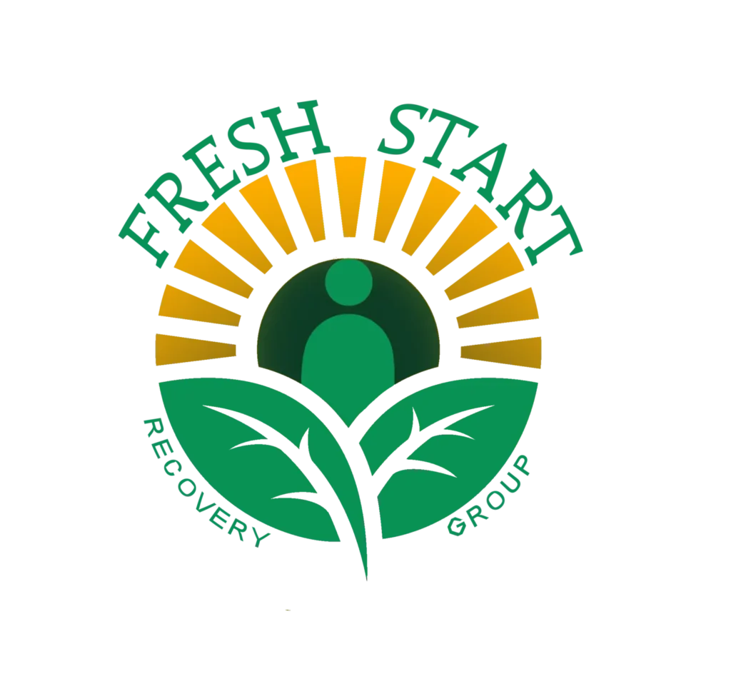 Logo for Fresh Start Recovery Group in Fort Wayne, featuring a stylized sun with yellow rays, a green circular figure, and two green leaves at the bottom. The words "Fresh Start" are above and "Recovery Group" below, symbolizing online detox and Online Suboxone treatment.