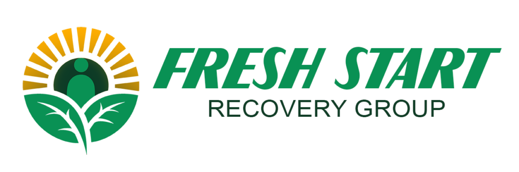 Logo with the words "Fresh Start Recovery Group." It showcases a green and black circular design featuring abstract human figures and leaves, set against an orange sunburst background, embodying the essence of online detox pathways for a rejuvenated life.