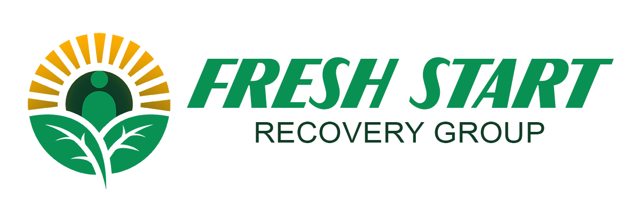 Logo with the words "Fresh Start Recovery Group." It showcases a green and black circular design featuring abstract human figures and leaves, set against an orange sunburst background, embodying the essence of online detox pathways for a rejuvenated life.